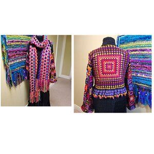 Sweater and Scarf Colorful Granny Square Turtleneck with Ruffles M.L